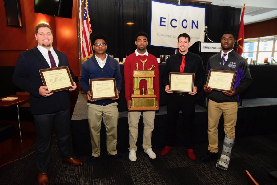 Caption - Finalists L to R - Jacob Daniel King, Overton; Jaylan Alaysius Granberry, Pearl-Cohn/MLK; Brian Darnell Thompson Jr., East Nashville; James Tyler Murphy, Glencliff; Jared Deon McCray, Cane Ridge - Photos by Mike Strasinger