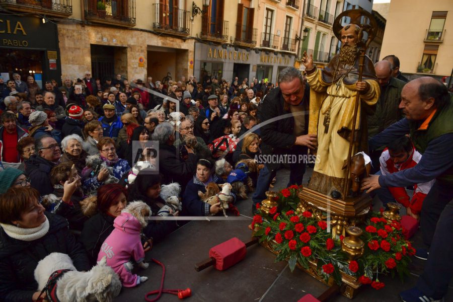 A sculpture of Saint Pablo is carried beside people with their pets outside of  Saint Pablo church, during the feast of St. Anthony, Spains patron saint of animals, in Zaragoza, northern Spain, Wednesday, Jan. 17, 2018. The feast is celebrated each year in many parts of Spain and people bring their pets to churches to be blessed. (AP Photo/Alvaro Barrientos)