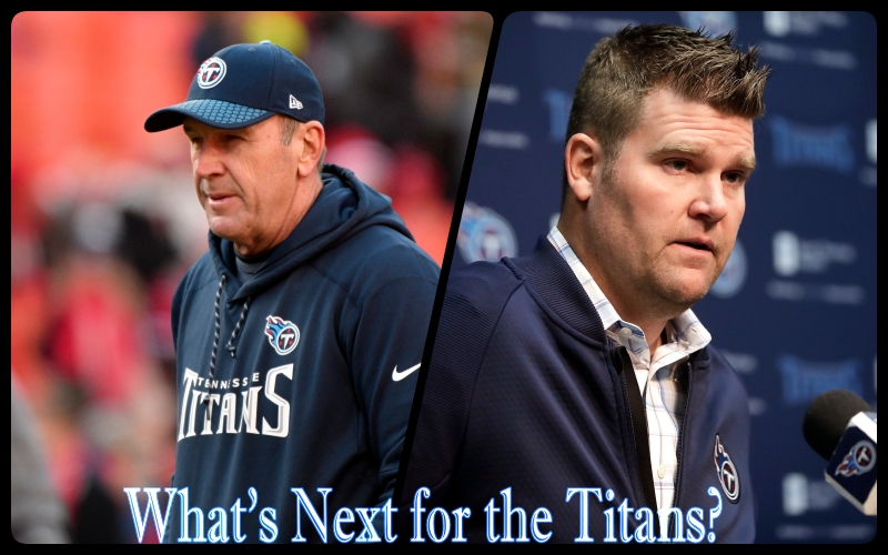 Tennessee Titans general manager Jon Robinson and 2017-18 Head Coach, Mike Mularkey part ways. Monday, Jan. 15, 2018, in Nashville, Tenn. The Titans split with head coach Mike Mularkey on Monday after he revived a team with the NFL's worst record over two seasons and led them to their first playoff victory in 14 years. The Titans announced the move two days after a 35-14 loss to New England in the AFC divisional round. (AP Photo/Mark Humphrey)