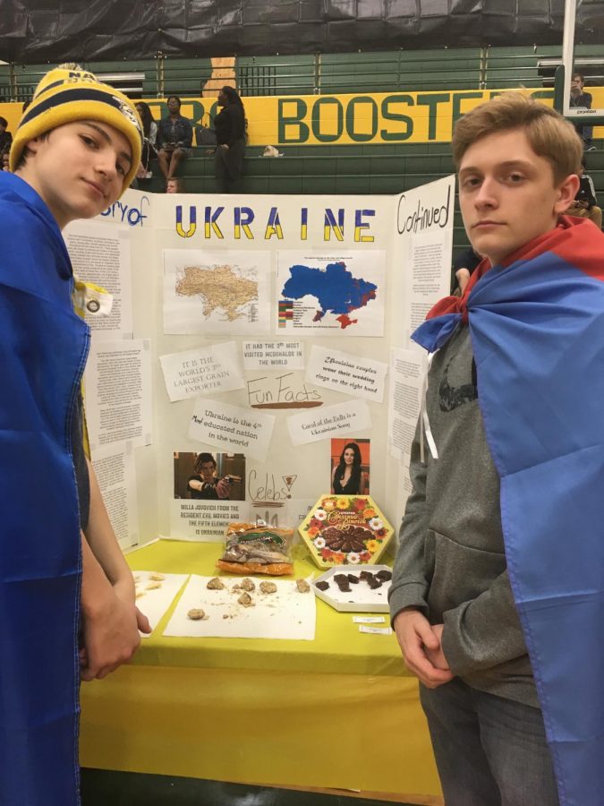 Mathew Kelly and Dillion Miller at the Hillsboro High school international day, March 29th 2018. Their project is on Ukraine.
