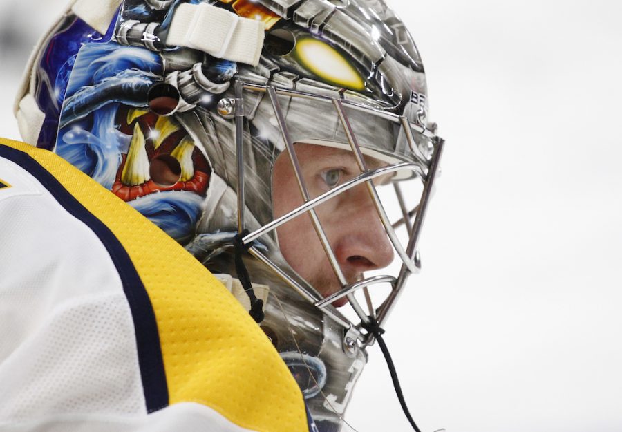 Nashville Predators goalie Pekka Rinne (35) looks on prior to the first period of an NHL hockey game against the Buffalo Sabres Monday, March 19, 2018, in Buffalo, N.Y. (AP Photo/Jeffrey T. Barnes)