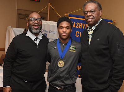 L-R Athletic Principal - Kawonia Mull; Darian Williams 2019 recipient of the AD Hancock-Walter Nipper Sportsmanship Award, and Hillsboro Head Football - Maurice Fitzgerald