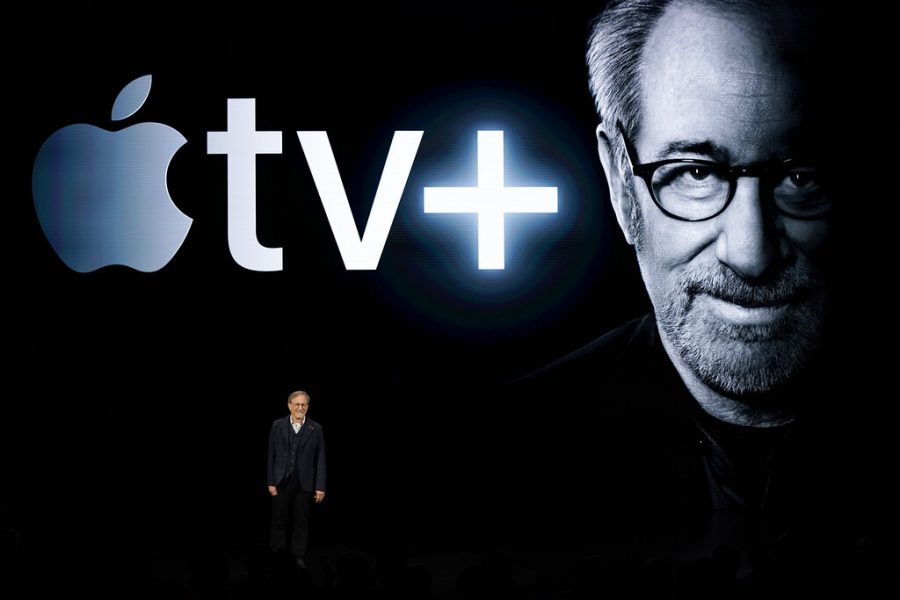Director Steven Spielberg speaks at the Steve Jobs Theater during an event to announce new Apple products Monday, March 25, 2019, in Cupertino, Calif. (AP Photo/Tony Avelar)