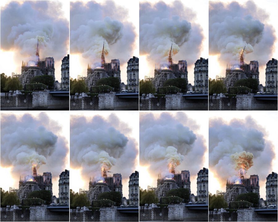 In this combination of photos, flames and smoke rise as the spire on the Notre Dame Cathedral collapses during a fire in Paris, Monday, April 15, 2019. (AP Photo/Diana Ayanna)