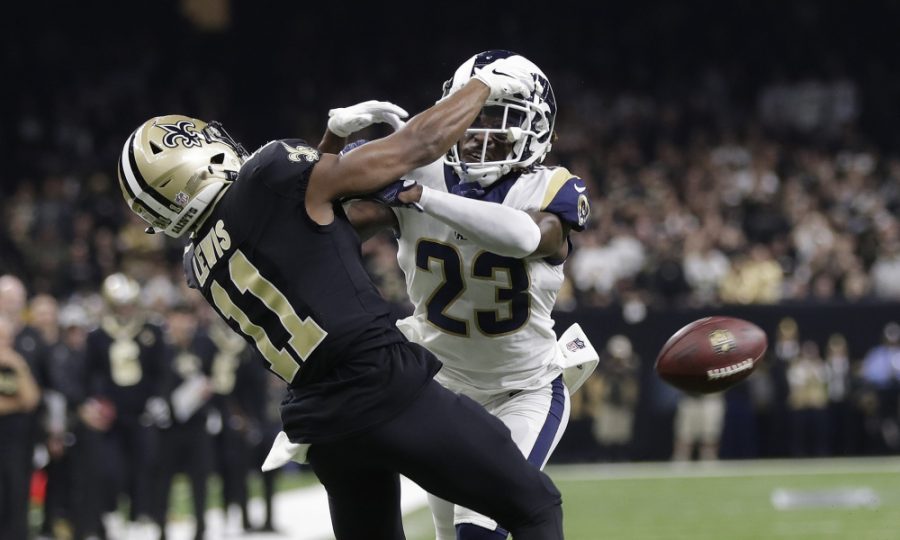 Los Angeles Rams Nickell Robey-Coleman breaks up a pass intended for New Orleans Saints Tommylee Lewis during the second half of the NFL football NFC championship game, Sunday, Jan. 20, 2019, in New Orleans. (AP Photo/Gerald Herbert)