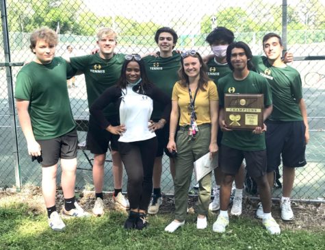 Pictured are the 2021 regular season undefeated Hillsboro Boys Tennis Team with their coach, Brittany Anderson who was named District 12 AAA Boys coach of the year. 