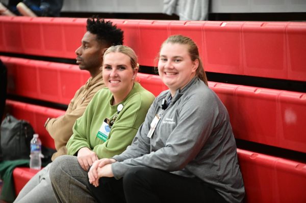 Current Hillsboro High School athletic trainer, Amber Montgomery (right) with former Hillsboro athletic trainer, Caitlyn Bailey. February 2024. Photo by Susan Strasinger