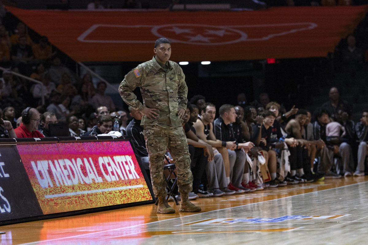 Austin Peay head coach Corey Gipson watches play during the second half of an NCAA college basketball game against Tennessee, Sunday, Nov. 17, 2024, in Knoxville, Tenn.