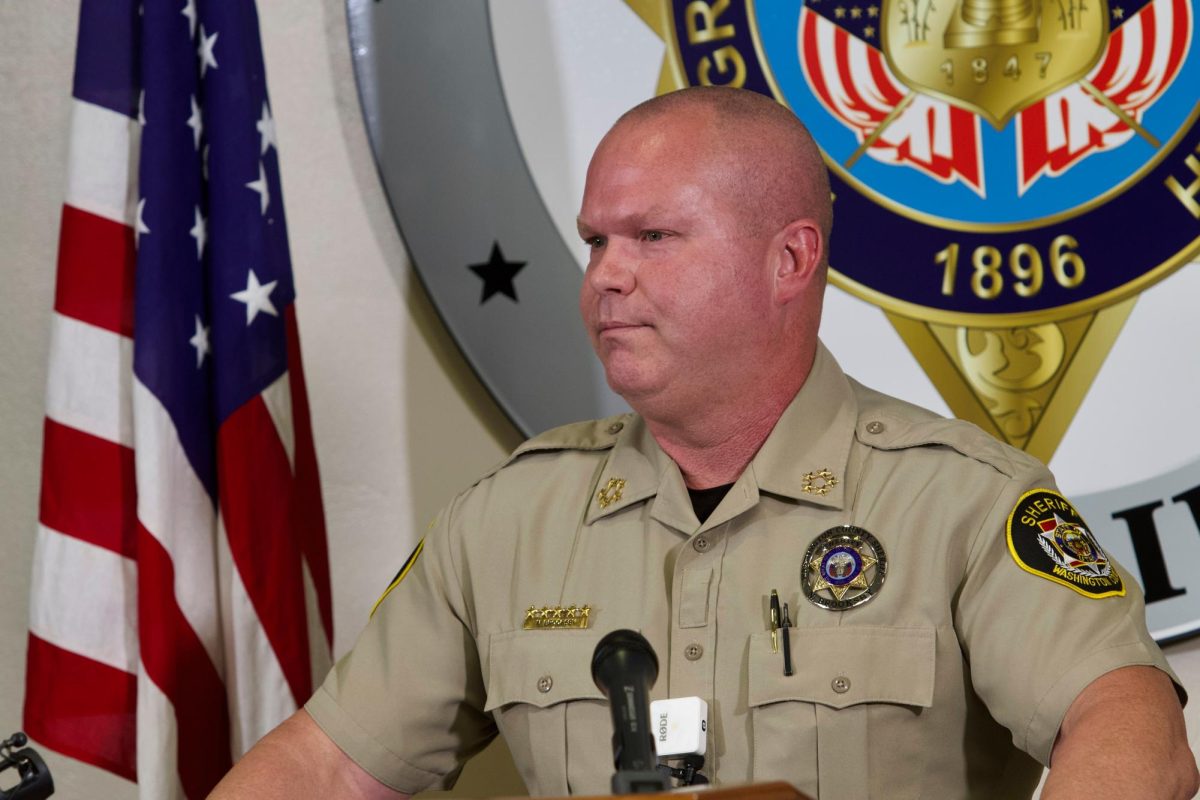 Nate Brooksby, Washington County Sheriff, speaks at a press conference on the shooting of Charlie Kirk, who was killed last week at Utah Valley University, Wednesday, Sept. 17, 2025, in Hurricane, Utah. (AP Photo/Ty ONeil)